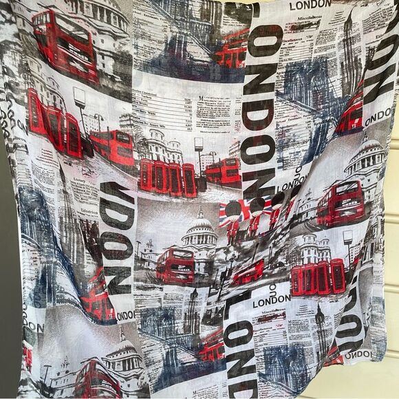 London City Print Lightweight Scarf Red, Black & White  36” x 72” - Picture 4 of 5